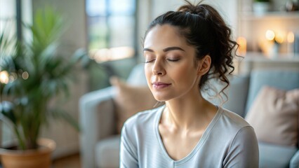 Calm Woman Practicing Breathing Exercises Indoors
