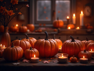 Obraz premium Creepy scary pumpkins and candles for Halloween holiday on the table