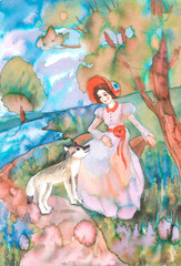 The girl in the red cap and the wolf are on a forest path on a summer day. This is a fairy tale illustration done by hand on paper with colored bright ink.