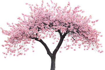 Fototapeta premium Sakura tree with pink blossoms stands alone against a white background