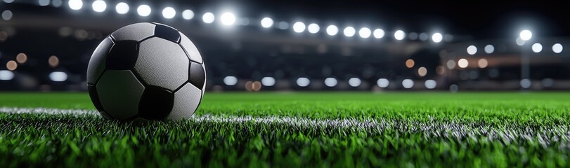 Naklejka premium Soccer Ball on Green Field Under Stadium Lights at Night.