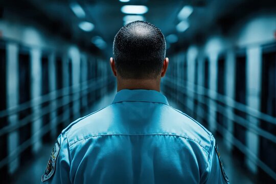 A prison officer stands in a dimly lit corridor, facing away from the camera, representing authority, vigilance, and the contemplative nature of his profession.