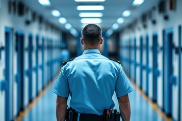 An officer walking through a prison corridor illuminated by harsh fluorescent lights, the image highlights the stark and controlled environment of the correctional facility.