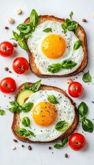 Two Toasts with Fried Eggs, Tomatoes, Avocados, and Basil on White Background. Healthy Breakfast