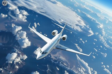 Realistic photo of a white luxury private jet flying over the ground.