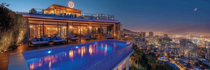 Luxurious Infinity Pool at a Hilltop Villa Overlooking the Vibrant Cityscape at Twilight