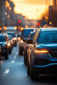 Rush hour traffic on a bustling city street