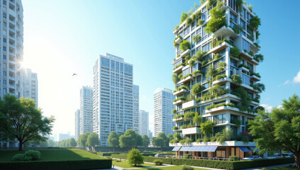 Fototapeta premium Sustainable high-rise buildings with vertical gardens and green spaces in a modern city environment