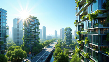 Modern eco-friendly skyscrapers with lush greenery and sustainable urban landscape under bright sunlight
