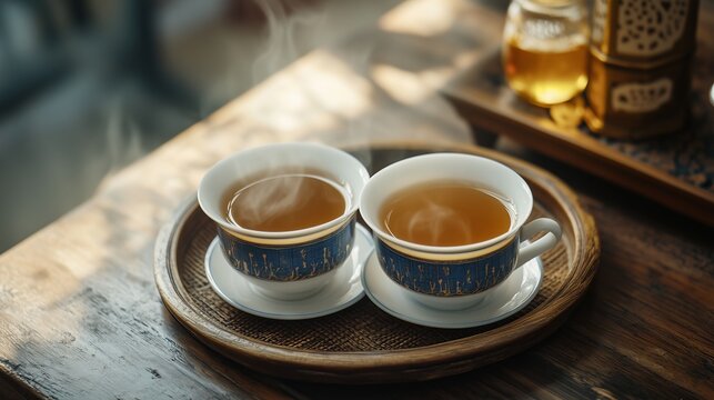 Dos tazas de t&eacute; de jengibre humeante y una tetera elegante, crean un ambiente c&aacute;lido y acogedor.
