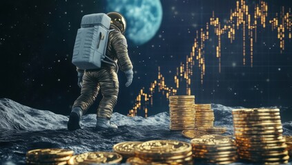 Astronaut on the moon surrounded by gold coins and stock graphs, captured in realistic highdefinition style