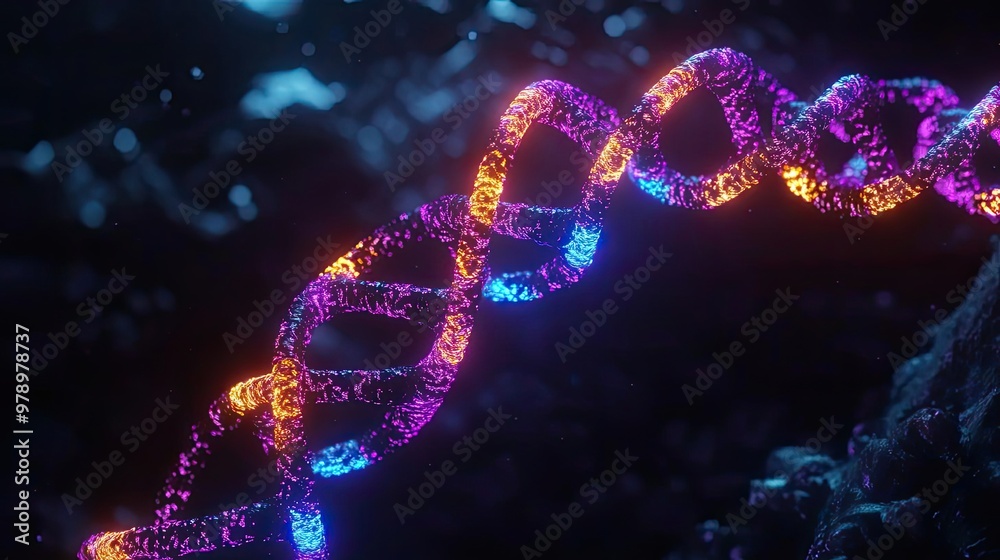 Poster Colorful digital representation of DNA structure, showcasing vibrant patterns and deep contrasts against a dark background.