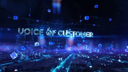 Voice of Customer - businessman working with virtual reality at office.