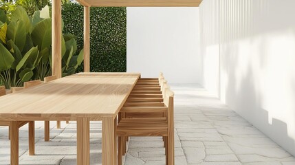 Teak wood dining set under a pergola in an outdoor setting, alfresco dining, surrounded by greenery and stone path, natural sunlight filtering through, inviting and fresh ambiance