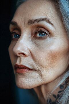 Elderly woman with striking gray hair looking away from camera