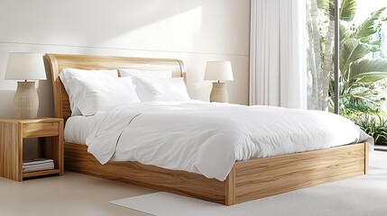 Teak wood bed frame in a modern bedroom