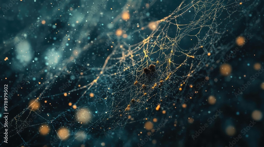 Poster A close-up view of an intricate spider web, glimmering with light against a dark background, creating a mystical atmosphere.