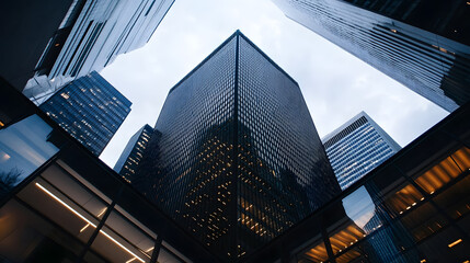 A low-angle view captures towering skyscrapers reaching skyward, emphasizing their grandeur and sleek design. The perspective from below
