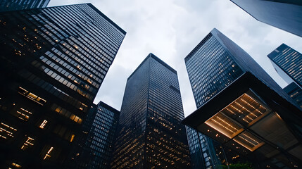 Obraz premium A low-angle view captures towering skyscrapers reaching skyward, emphasizing their grandeur and sleek design. The perspective from below 