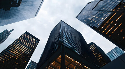 A low-angle view captures towering skyscrapers reaching skyward, emphasizing their grandeur and sleek design. The perspective from below
