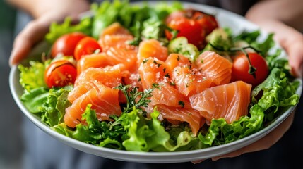 Healthy Young woman holding Salted salmon salad bowl with fresh green lettuce,smoked salmon,tomato,Ketogenic,diet lunch bowl,enjoy eat clean vegetables after exercise,Healthy food concept.