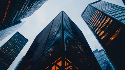 A low-angle view captures towering skyscrapers reaching skyward, emphasizing their grandeur and sleek design. The perspective from below
