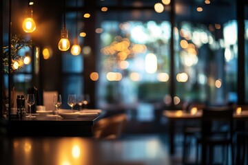 A cozy restaurant interior with warm lighting and elegant table settings.