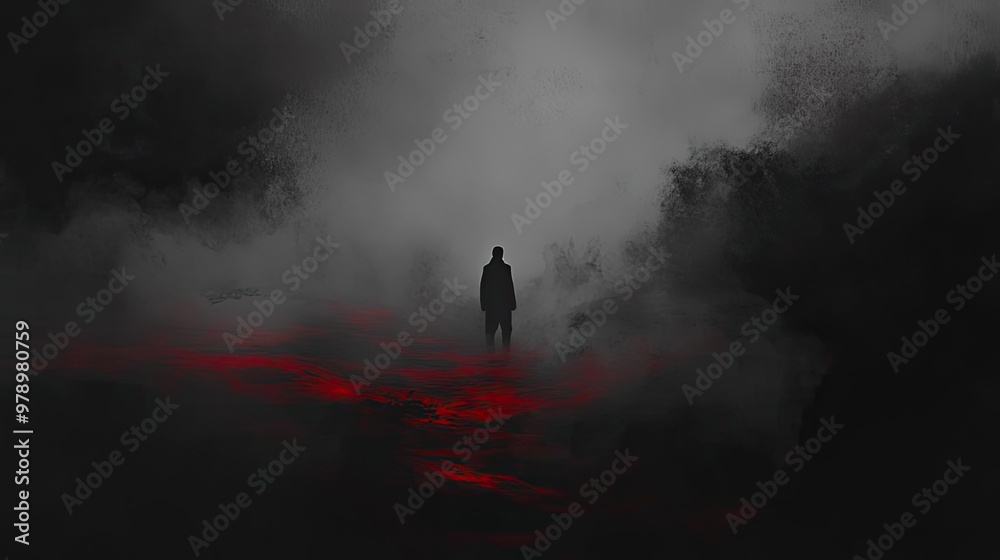 Poster a solitary figure emerges from a dark fog, surrounded by eerie red light, creating a haunting and my