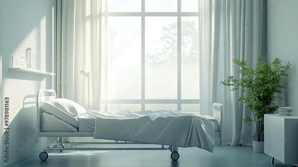Poster bright and serene hospital room featuring an empty bed and natural light filtering through a large w