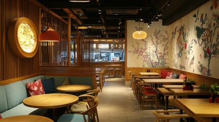 A cozy restaurant interior with wooden furniture and decorative floral wall art.