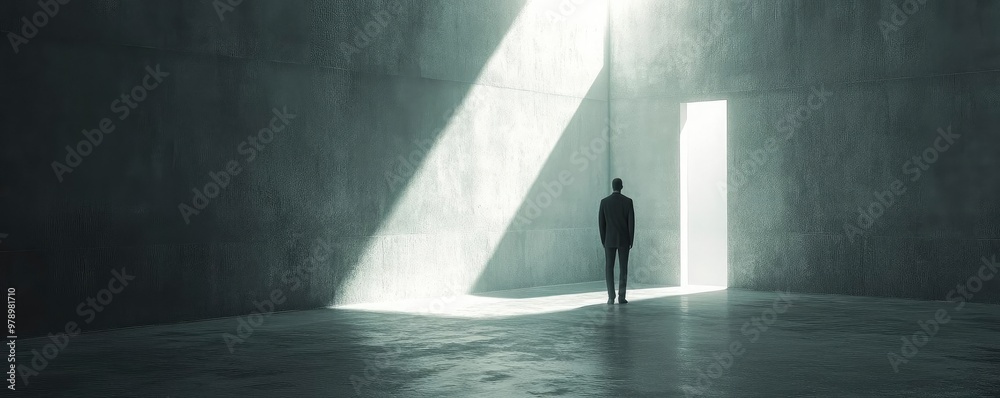 Aufkleber a solitary figure stands in a minimalistic room, illuminated by a beam of light through an open door
