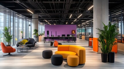 Modern, Open Plan Office Space with a Vibrant Purple Accent Wall and Stylish, Comfortable Furniture