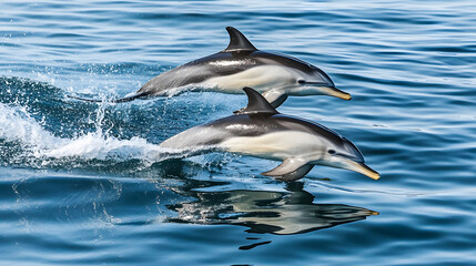 Fototapeta premium A pod of playful dolphins leaps joyfully through the crystal-clear, azure sea, their sleek bodies glistening in the sunlight