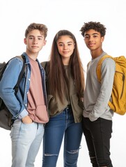 Fototapeta premium Three Diverse Teenagers Standing Together with Backpacks