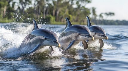 Fototapeta premium A pod of playful dolphins leaps joyfully through the crystal-clear, azure sea, their sleek bodies glistening in the sunlight