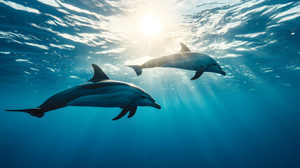 Fototapeta premium A pod of playful dolphins leaps joyfully through the crystal-clear, azure sea, their sleek bodies glistening in the sunlight
