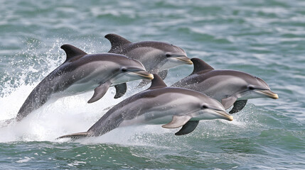 Obraz premium A pod of playful dolphins leaps joyfully through the crystal-clear, azure sea, their sleek bodies glistening in the sunlight