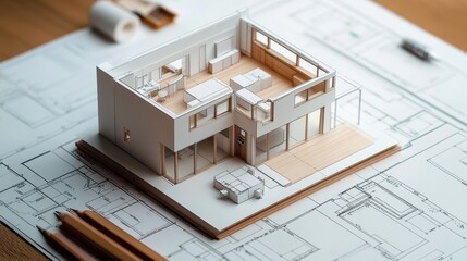 Architectural Model House on Blueprint