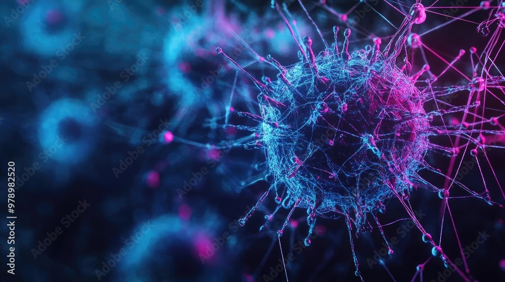 Poster abstract digital illustration of a virus in vibrant colors, showcasing the intricate structure and i