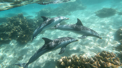 Obraz premium A pod of playful dolphins leaps joyfully through the crystal-clear, azure sea, their sleek bodies glistening in the sunlight