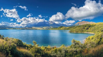 Tranquil Mountain Lake Landscape with Blue Sky and Clouds