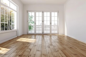 Fototapeta premium Interior of empty spacious living room with white walls and laminated floor with doors leading to balcony