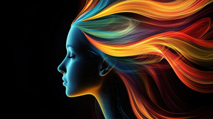 A vibrant abstract representation of womans profile, featuring flowing hair in bright colors like red, orange, and blue against dark background. image evokes sense of creativity and energy
