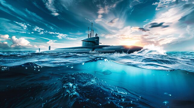 Military nuclear submarine firing undersea torpedo in ocean, wide banner.