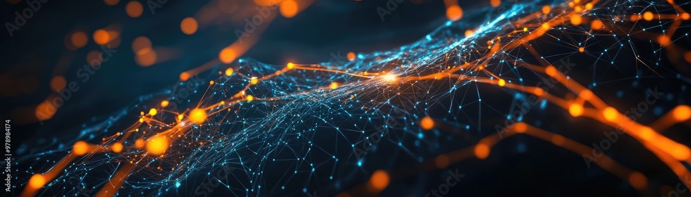 Poster a vibrant abstract representation of interconnected networks, showcasing glowing strands in orange a