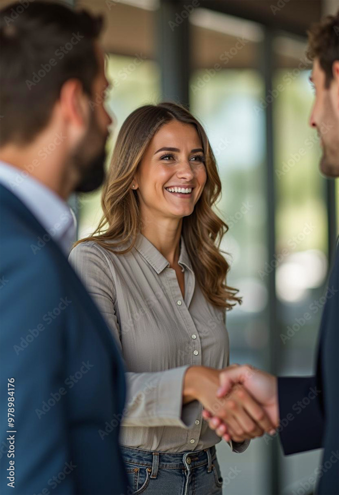 Wall mural Happy young professional business woman handshaking client at meeting, female hr recruiter at job interview, insurance agent, lawyer at contract deal, project deal 