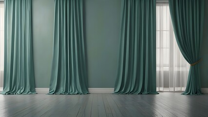 Pastel turquoise blue green empty wall in room with silk curtain drapes. Mock up Template for product presentation. Living, gallery, studio, office concept. 3D rendering