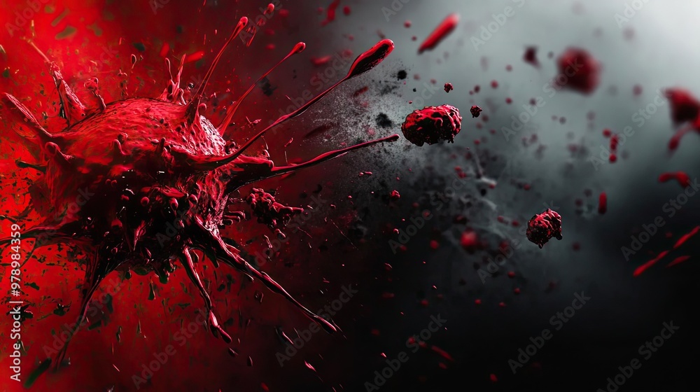 Poster dynamic explosion of vibrant red paint against a dark background, capturing energy and movement in a