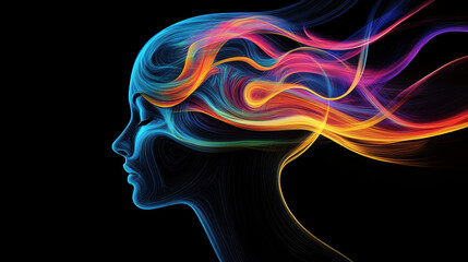 A vibrant abstract representation of head filled with colorful flowing lines, symbolizing creativity and imagination. dynamic colors evoke sense of energy and inspiration