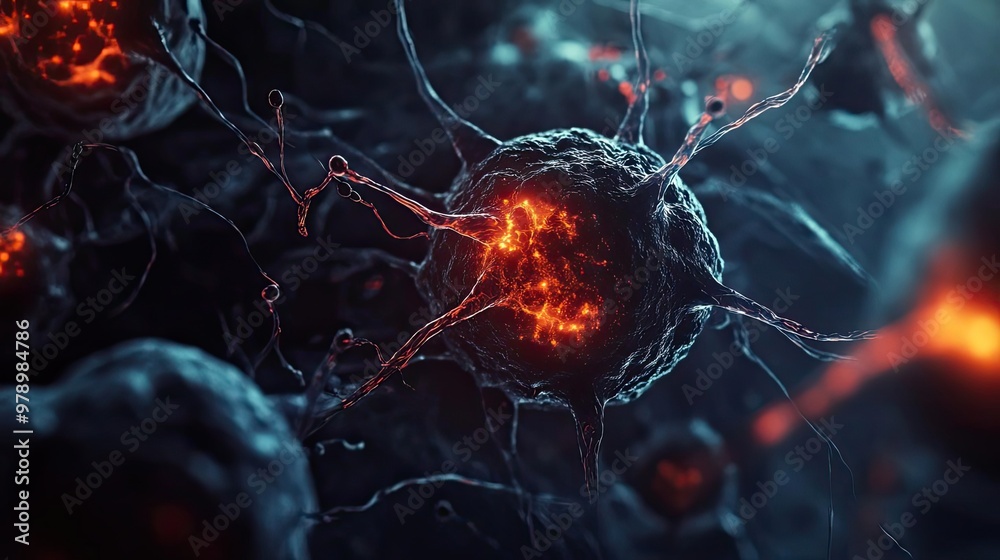 Poster a detailed close-up of glowing cells showcasing intricate structures and vibrant colors, ideal for s